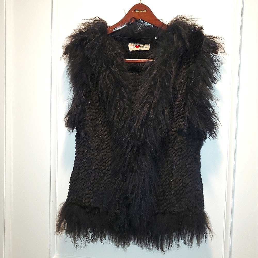 Love Token Rabbit & Mongolian Fur Black Vest S